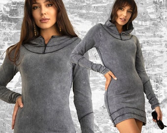 Hooded short dress with long sleeves | Winter Mini Dress with hood | Alternative Festival Clothing | Goa Psy Trance | OFFRANDES