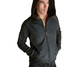 Men's Zip-Up Hoodie | Geometric Print | Warm Cotton Fleece Jacket | Festival & Streetwear Urban Sweater | OFFRANDES