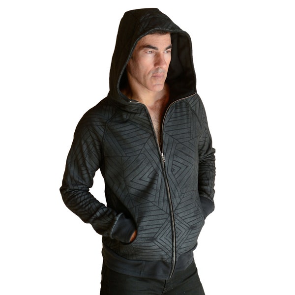 Men Zip up Hoodie | Geometric Print | Winter Men Jacket | Warm Hood | Cotton Fleece | Festival, Streetwear, Urban Sweater | OFFRANDES