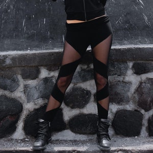 Black Mesh Cotton Leggings Organic Yoga Pants Alternative Festival Clothing Edgy and Comfortable OFFRANDES Black