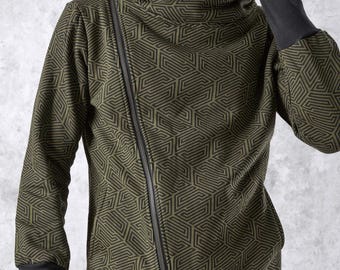 Men warm Hoodie: Asymmetric Zip, Bold print, Thumbholes, Big Hood, Cotton Fleece