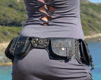 Black Leather Belt Bag with 4 pockets - Festival Hip belt - Handmade Fanny Pack