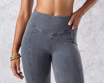 Leggings with Pocket – Organic Cotton Stonewashed - High-Waisted, Supportive, Breathable, Flattering. Versatile for Yoga, Fitness & Everyday