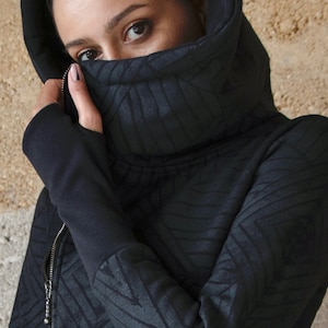 Black Printed Hoodie | Warm Fleece Jacket with Generous Hood | Winter Streetwear | Geometric Print | OFFRANDES