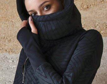 Black Printed Hoodie | Warm Fleece Jacket with Generous Hood | Winter Streetwear | Geometric Print | OFFRANDES