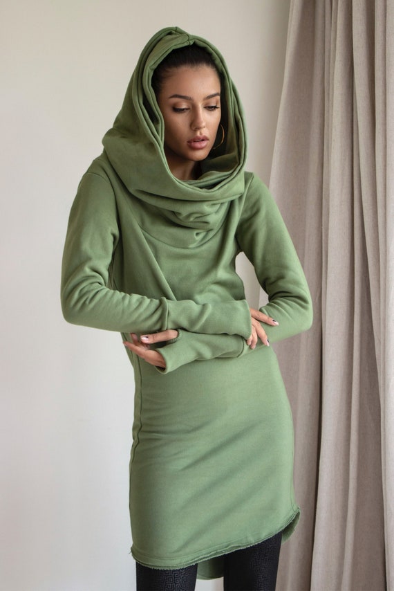 Cotton Fleece Hoodie Dress: Green Boho Double Hood, Thumb Holes