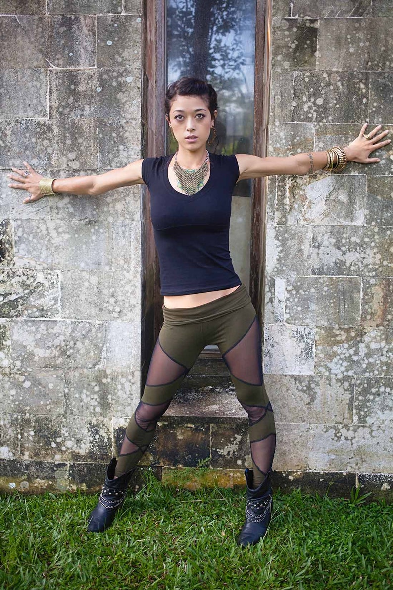 Black Mesh Cotton Leggings Organic Yoga Pants Alternative Festival Clothing Edgy and Comfortable OFFRANDES image 7