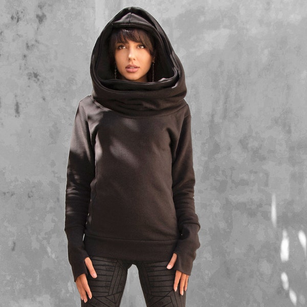 Sweat à capuche noir chaud | Capuche double | Col montant | Pull d'hiver urbain | Trou pour le pouce | Veste Cyberpunk à Capuche Femme | OFFRANDES