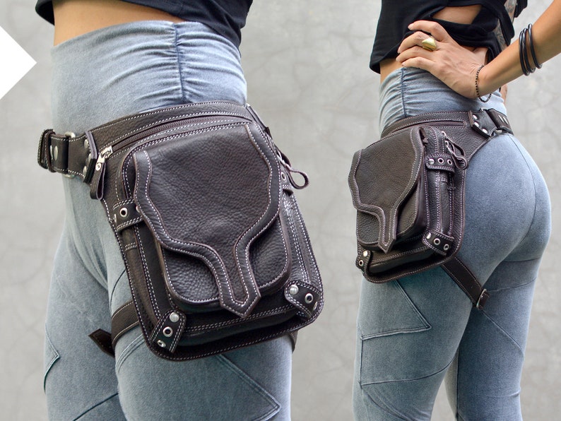 Leather Hip Belt Thigh bag Hip bag with leg strap Biker Travel Belt Pocket Utility Belt Leg Bag OFFRANDES BROWN - Leather