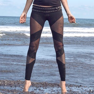Black Mesh Cotton Leggings | Organic High-Waisted Yoga Pants | Edgy Festival Clothing | Comfortable Alternative Fashion | OFFRANDES