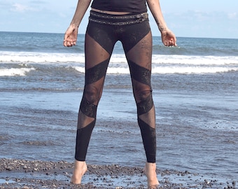 Black Mesh Cotton Leggings | Organic High-Waisted Yoga Pants | Edgy Festival Clothing | Comfortable Alternative Fashion | OFFRANDES