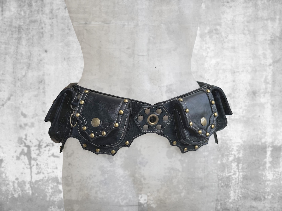 Utilibelt Genuine Leather Steampunk Bikercore Festival Utility Belt Boho Black Leather Utility Belt, Leather Pocket Belt, Festival Utility  main image 4
