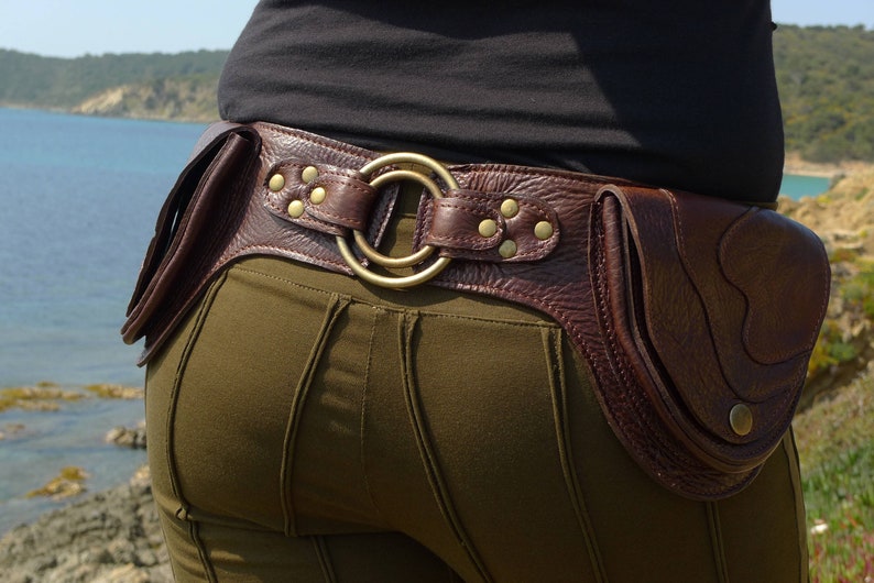 Leather Utility Belt Designer Hip Belt belt bag Pocket Belt Traveling, Hiking OFFRANDES BROWN - Leather