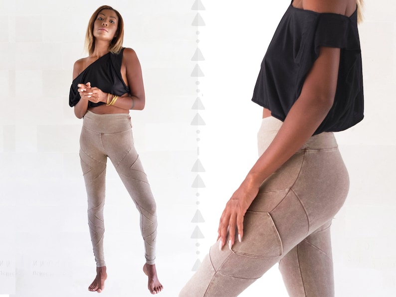 brown long legging in organic cotton. geometric sewing shape. comfortable like a second skin, it will hug your curves and enhance your natural beauty