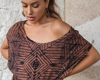 Handprinted Off-Shoulder Rayon Dress: Boho Tunic Top