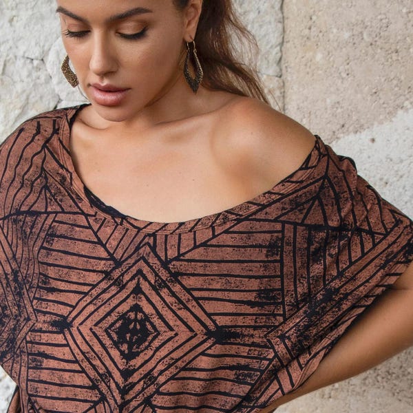 Handprinted Off-Shoulder Rayon Dress: Boho Tunic Top