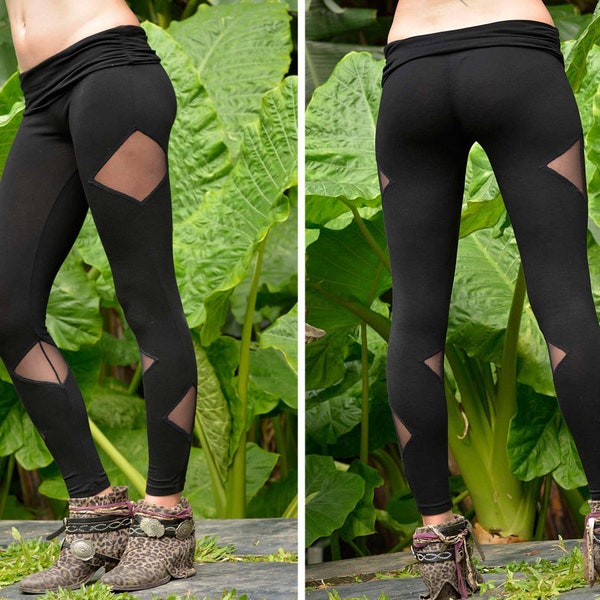 Black Leggings with Mesh | Organic Cotton | Party Tights | Comfortable Yoga Pants | OFFRANDES