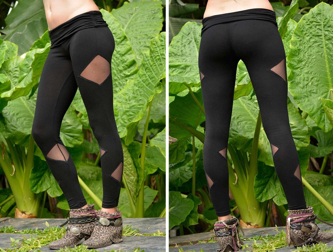 Black Leggings With Mesh Organic Cotton Party Tights Comfortable Yoga Pants  OFFRANDES 