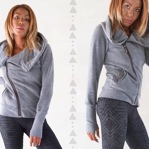 Asymmetrical Zipper Hoodie Generous Cozy Hood High Collar Sweatshirt Zip up Jacket Thumb Holes Warm Winter Fleece OFFRANDES Gray