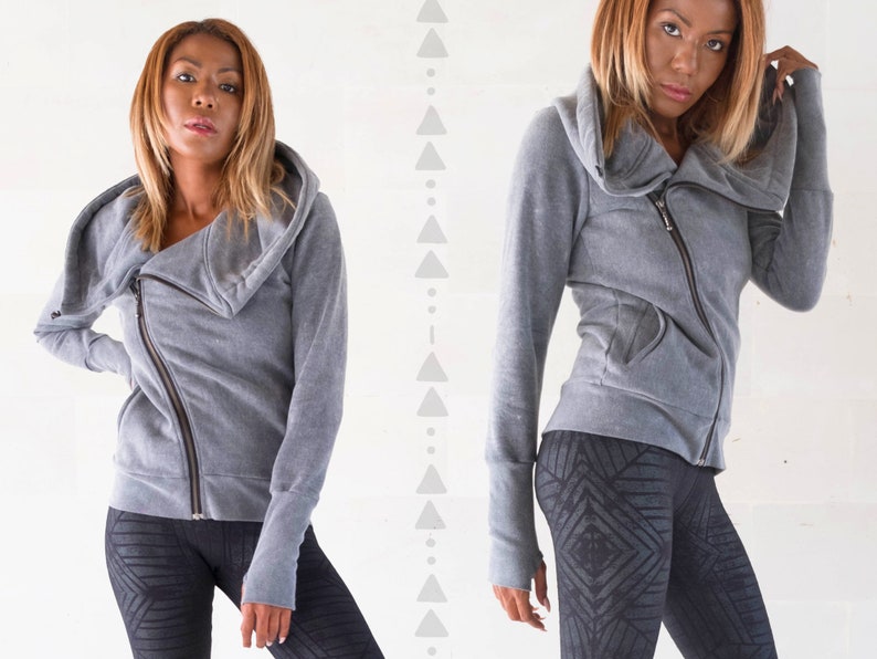 Asymmetrical Zipper Hoodie Generous Cozy Hood High Collar Sweatshirt Zip up Jacket Thumb Holes Warm Winter Fleece OFFRANDES Gray