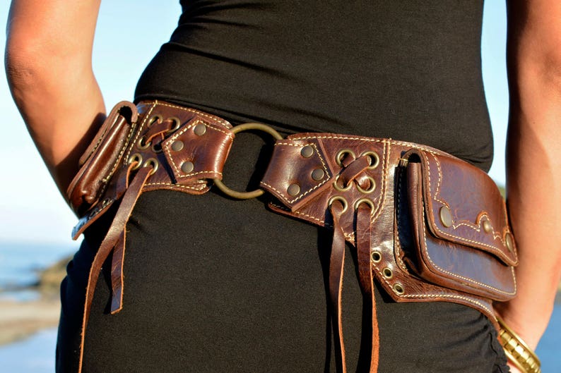 Utility Belt Brown Leather Handmade Money Bag Hip Festival Pack Burning Man Hiking Pouch Waist