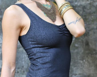 Printed Tank Dress: Organic Cotton Bodycon Mini with Cut Out Back