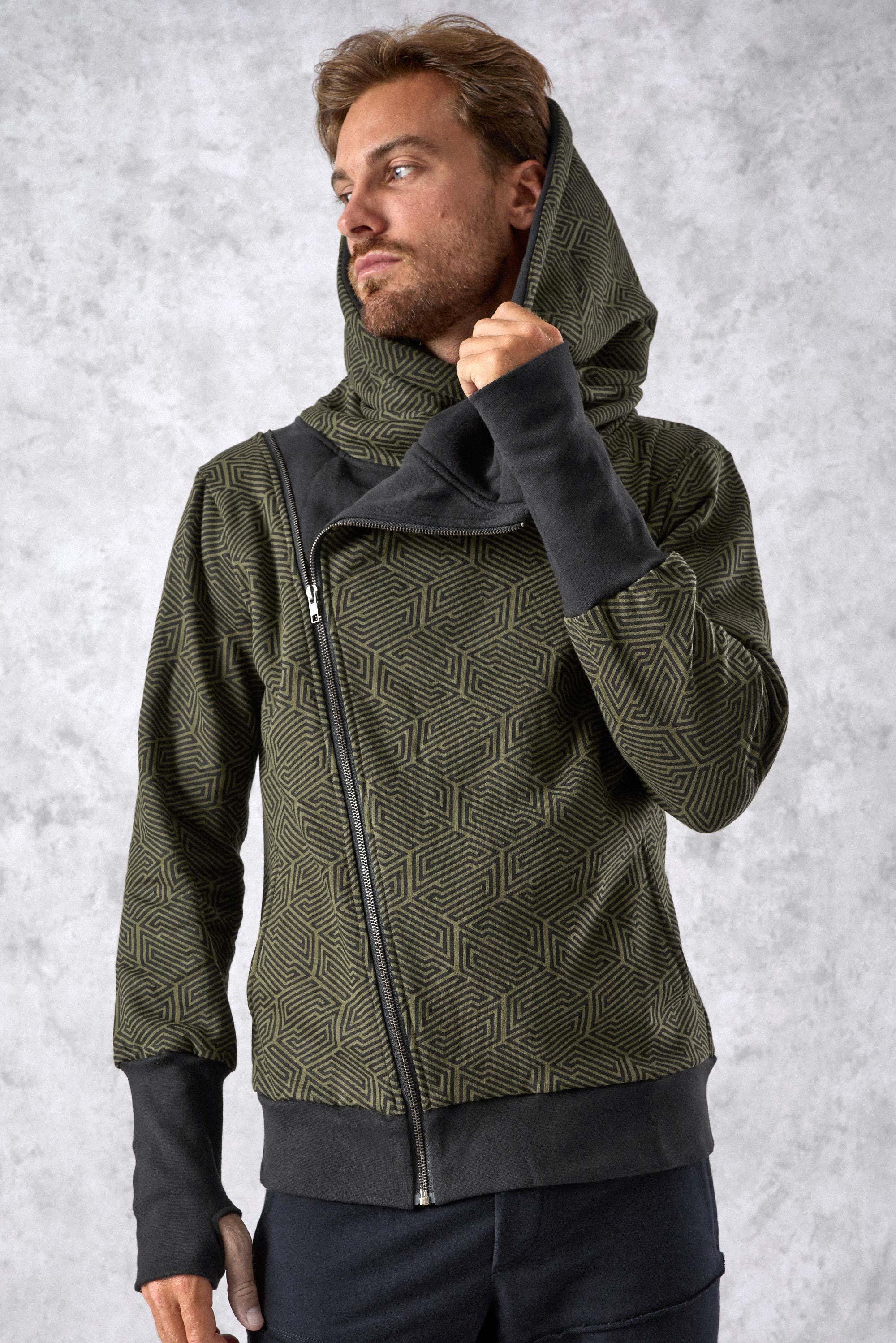 トップス 2000s kmrii gimmick thumb hole hoodie Men Warm Hoodie: Asymmetric Zip, Bold Print, Thumbholes, Big Hood