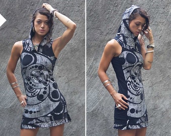 Printed Sleeveless Party Dress with Hood | Psy Fashion Mini Dress Tech wear | Festival Clothing | Goa Trance | Crop Circle | OFFRANDES