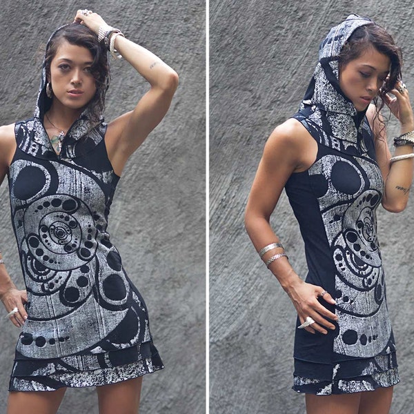 Printed Sleeveless Party Dress with Hood | Psy Fashion Mini Dress Tech wear | Festival Clothing | Goa Trance | Crop Circle | OFFRANDES