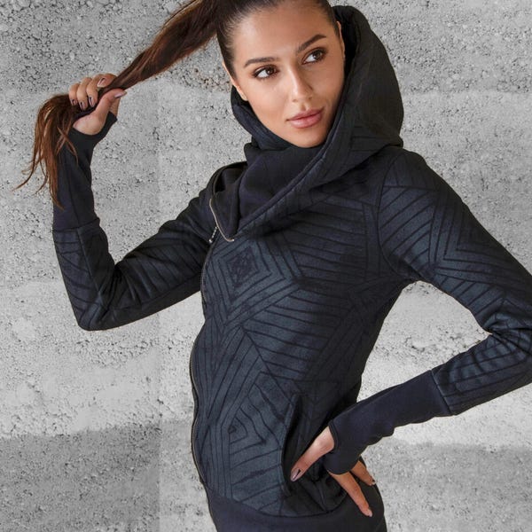 Black Printed Hoodie | Warm Fleece Jacket with Generous Hood | Winter Streetwear | Geometric Print | OFFRANDES
