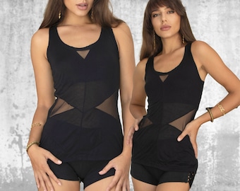 Zwarte mesh tanktop | Steampunk, cyberpunk, stedelijke mode