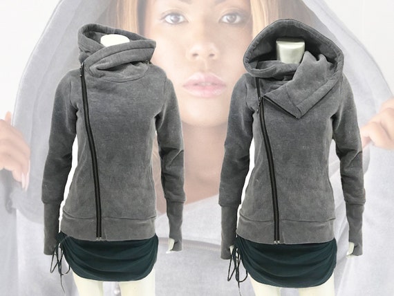 Asymmetric Woman Hoodie Large Cozy Hood Thumb Holes Warm Winter Fleece  Jacket OFFRANDES 