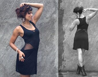 Black Short Dress | Sexy Party Mini Dress | Goth Festival Clothing | Mesh | Comfortable | MODAL Eco Fabric | OFFRANDES |