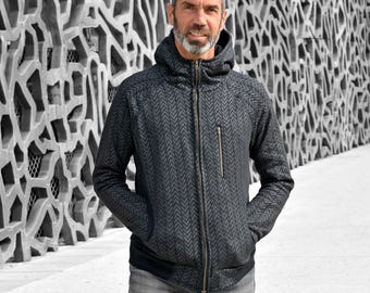 Felpa con cappuccio e zip con stampa a chevron nera: giacca da festival in pile di cotone