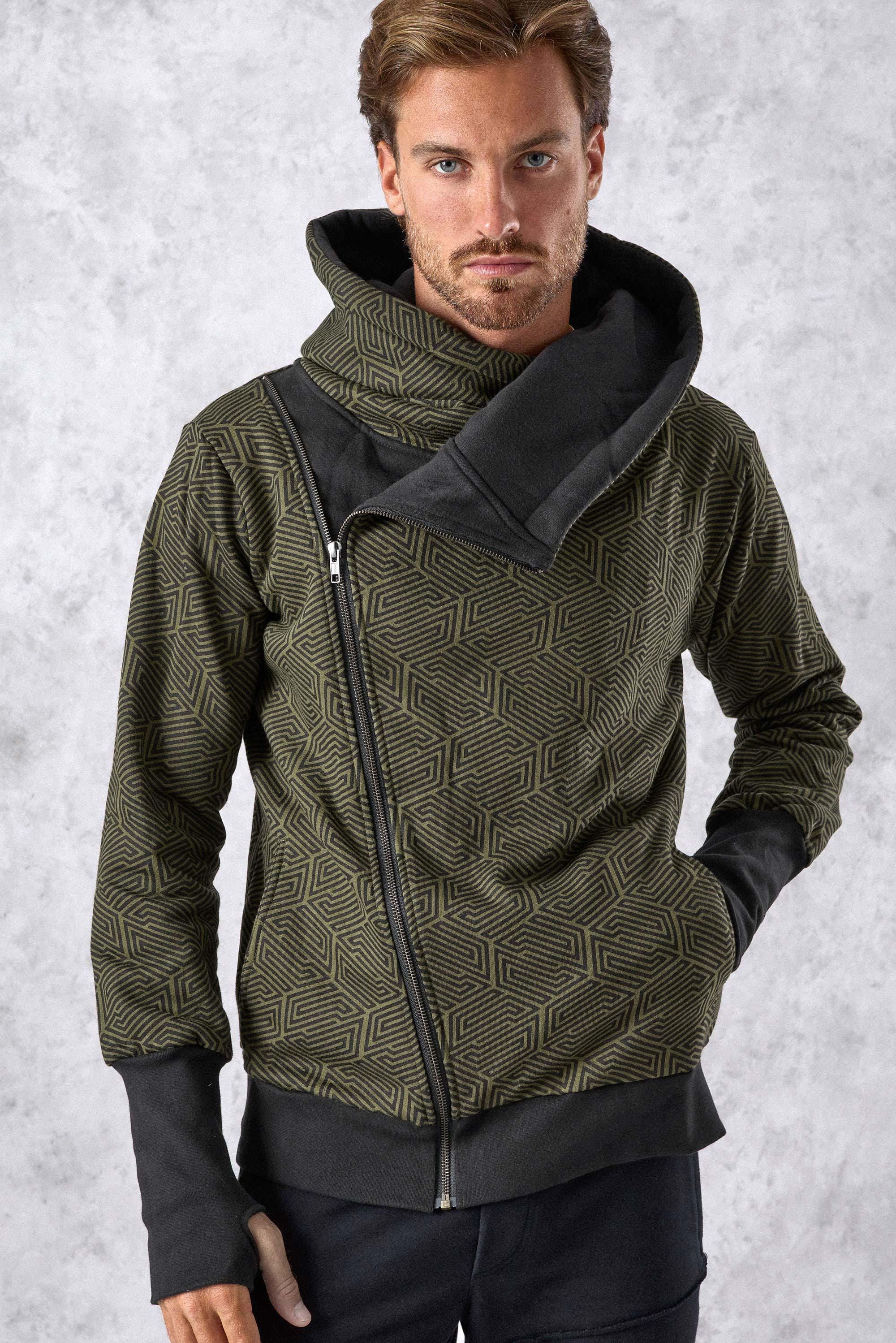 GOMME HOMME 変形ジップパーカー vexed generation系 Men Warm Hoodie: Asymmetric Zip, Bold Print, Thumbholes, Big Hood