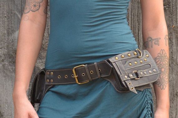 Pocket Belt Goa Black Utility Belt Waist Bag Nomad Tribal Ethnic Leather Hip Bag Steampunk Burning Man Hippie Festival