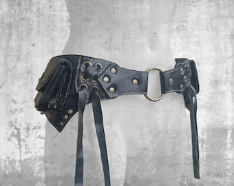 Black Leather Hip Belt with pockets, Designer Fanny Pack: Festival Boho Waist Bag
