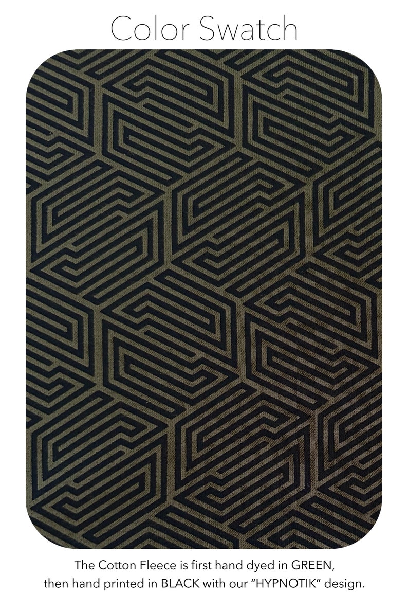 May include: A close-up of a green cotton fleece fabric with a black geometric pattern. The fabric is hand-dyed and printed with a "HYPNOTIK" design.