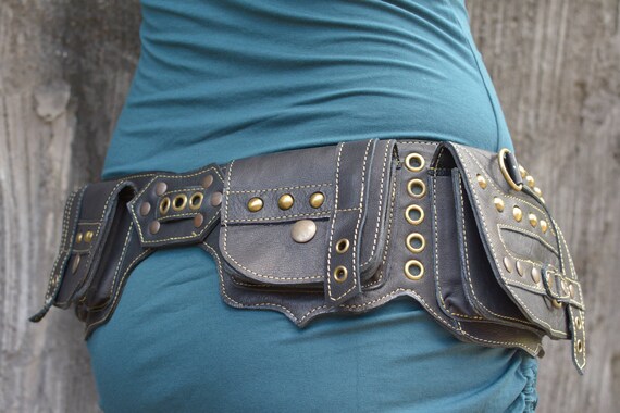 Pocket Belt Goa Black Utility Belt Waist Bag Nomad Tribal Ethnic Leather Hip Bag Steampunk Burning Man Hippie Festival