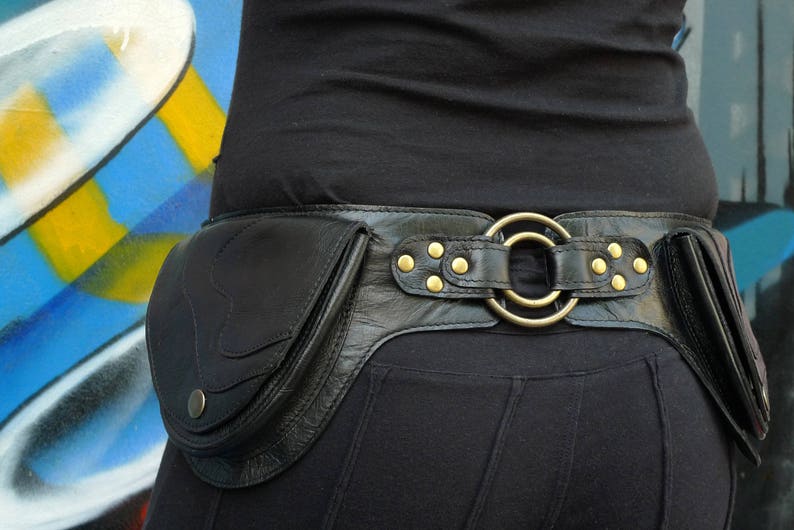 Leather Utility Belt Designer Hip Belt belt bag Pocket Belt Traveling, Hiking OFFRANDES BLACK - Leather