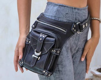 Leather Thigh Belt Bag: Festival Fanny Pack, Steampunk Biker Leg Strap