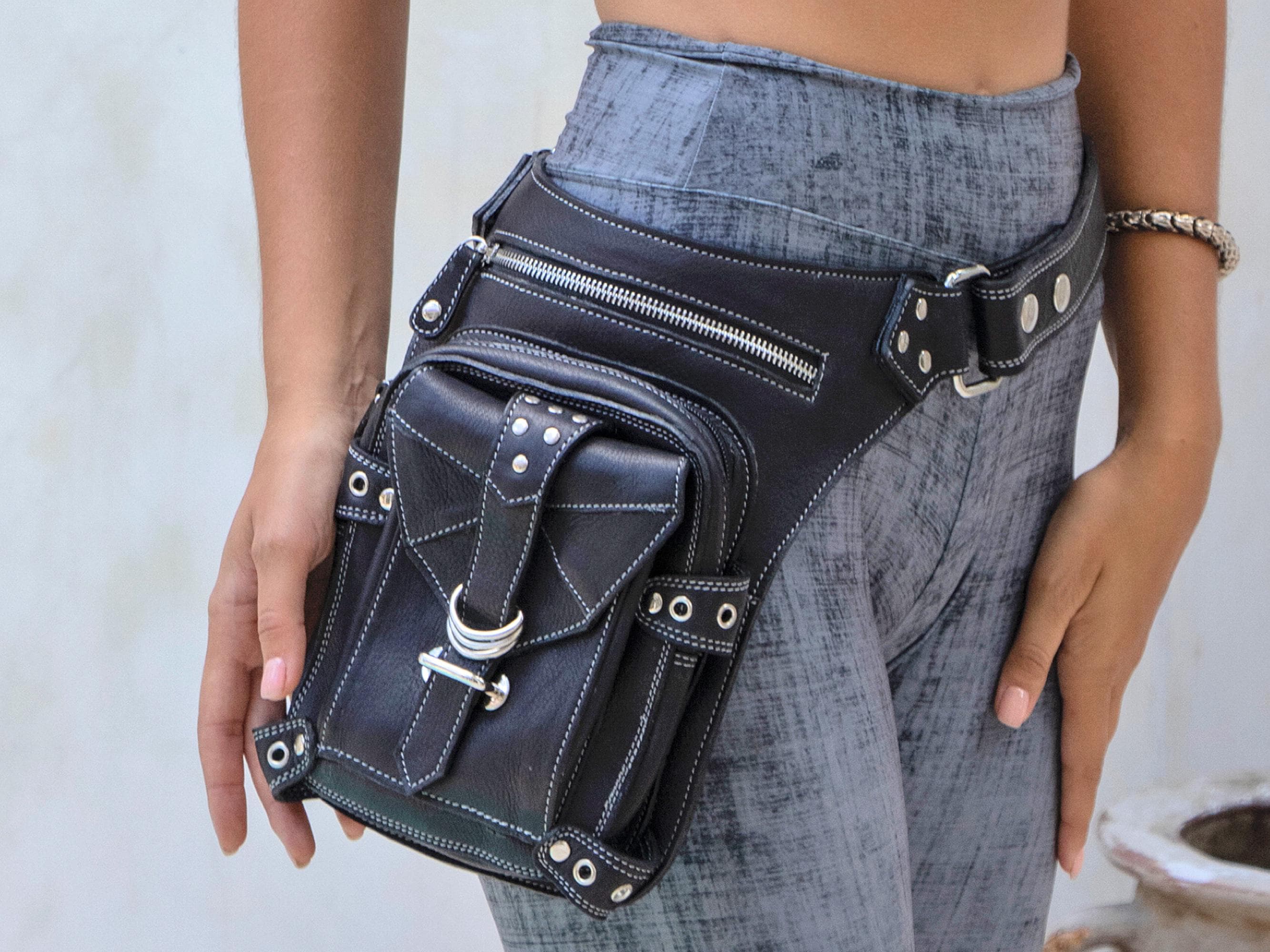 Nicole Miller riveted biker steampunk belt,  fanny pack Handmade 1-3/4 main image 2