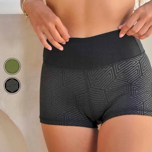 May include: Black athletic shorts with a geometric pattern. The shorts have a wide waistband and a form-fitting design. The geometric pattern is a darker shade of black, creating a subtle contrast. The shorts are designed for athletic activities.