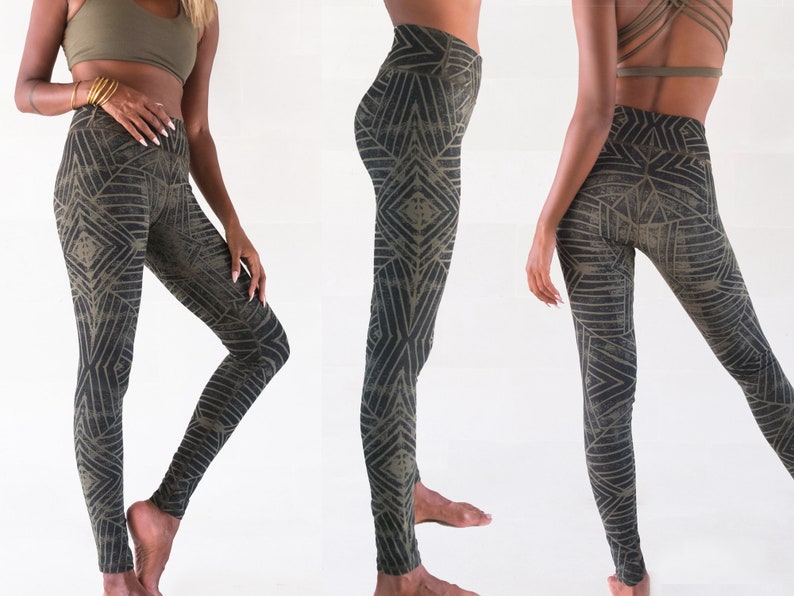 Leggings imprimés Pantalon de yoga en coton biologique Vêtements pour brûleurs alternatifs Collants avant-gardistes Steampunk Festival Vêtements de sport OFFRANDES Vert