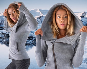 Sweat à capuche asymétrique pour femme | Grande capuche confortable | Passe-pouce | Veste polaire d'hiver chaude | OFFRANDES