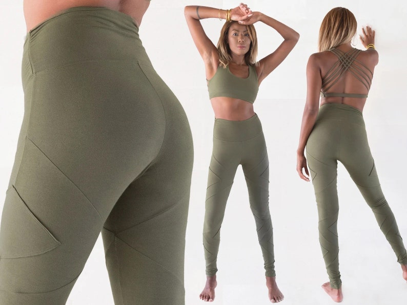 Organic Cotton Leggings Best Yoga Pants Black High Waist Yoga Clothing Activewear Athleisure OFFRANDES Green