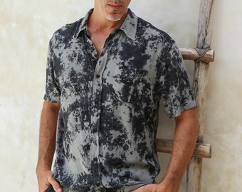 Men's Rayon Tie-Dye Button-Down Shirt: Short Sleeve Summer Style