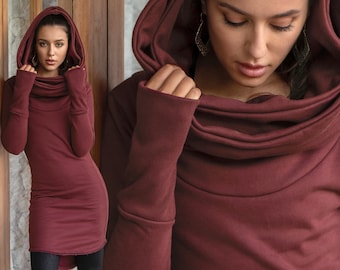 Warm Winter Fleece Hoodie | Double Hood | High Collar | Sweater Dress | Thumb Hole | Women Hooded Sweatshirt | OFFRANDES