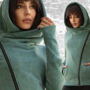 Asymmetrical Zipper Hoodie | Generous Cozy Hood | High Collar Sweatshirt | Zip up Jacket | Thumb Holes | Warm Winter Fleece | OFFRANDES