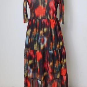 Vintage Baum Und Pferdgarten Jurk - Abstracte Print - Mesh Overlay - Gelaagde Rok - Maat M